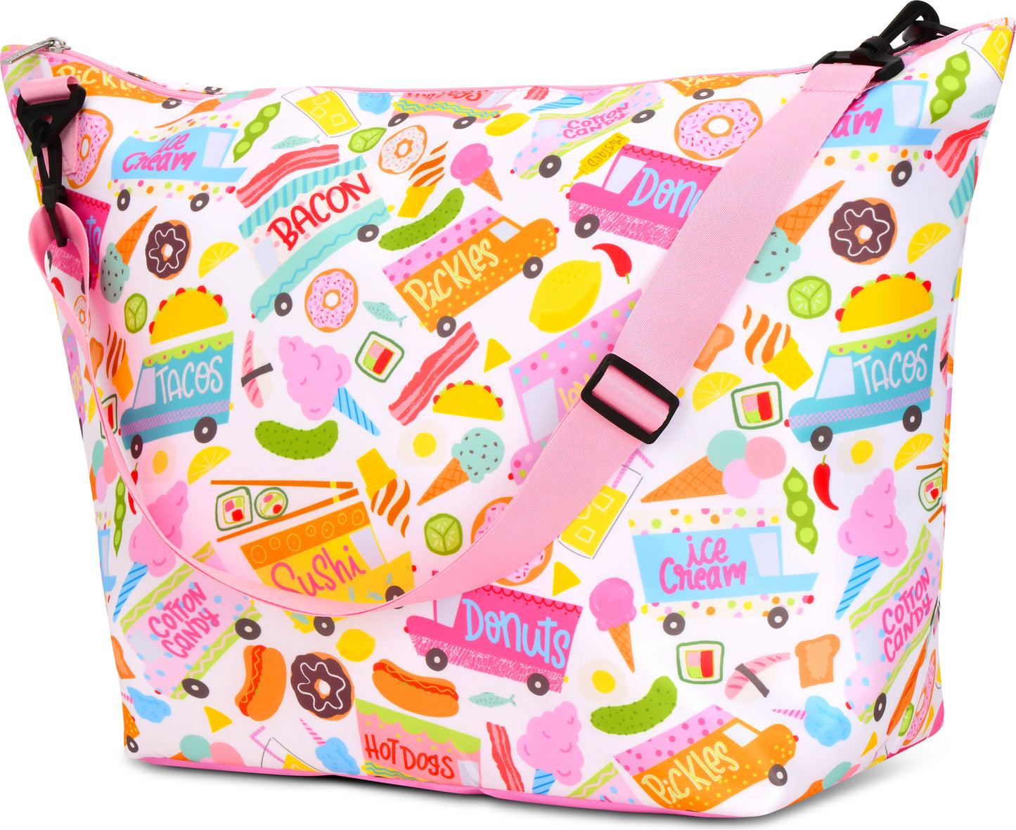 Colorful food truck themed weekender bag with fun graphics and spacious design