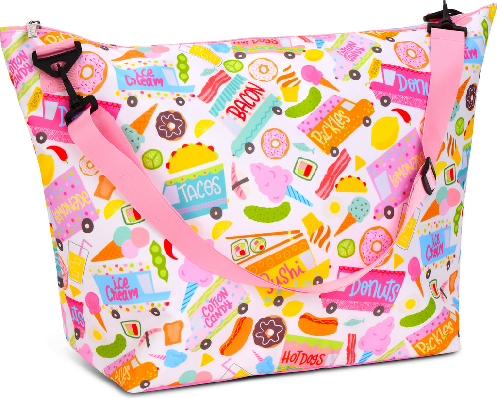 Colorful food truck themed weekender bag with fun graphics and spacious design