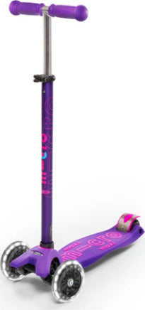 Maxi Deluxe LED Purple scooter with 3 wheels and motion-activated LED lights in front wheels for kids ages 5-12