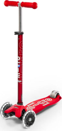 Micro Maxi Deluxe LED red scooter with motion-activated light-up wheels for children ages 5-12