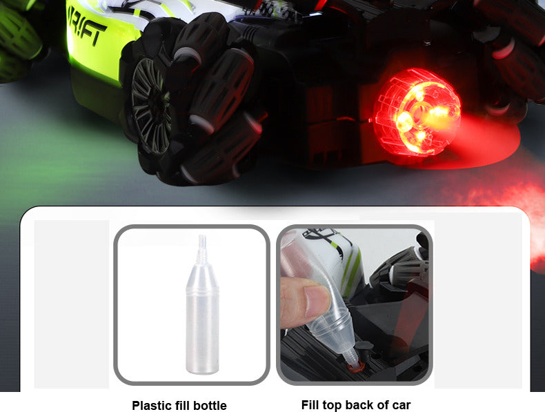 Formula drift racing car with LED lights and smoke effects in blue, green and red colors
