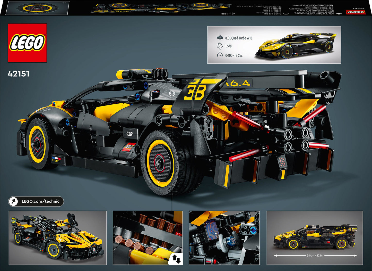 LEGO Technic Bugatti Bolide 42151 building set with 905 pieces, working W16 engine and scissor doors