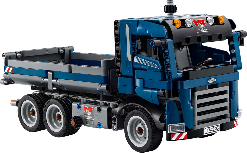 LEGO Technic Tipping Dump Truck 42203 blue construction vehicle with working tipping mechanism
