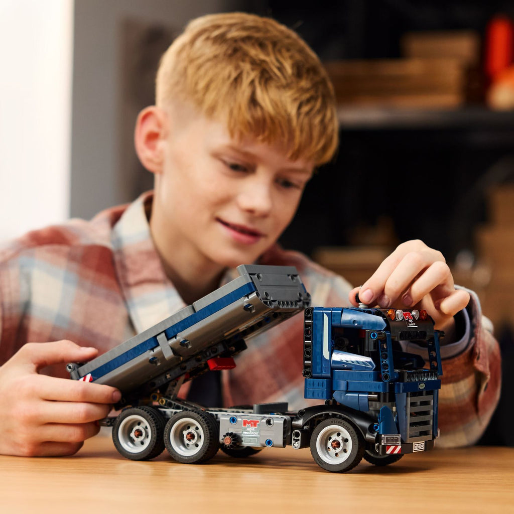LEGO Technic Tipping Dump Truck 42203 blue construction vehicle with working tipping mechanism
