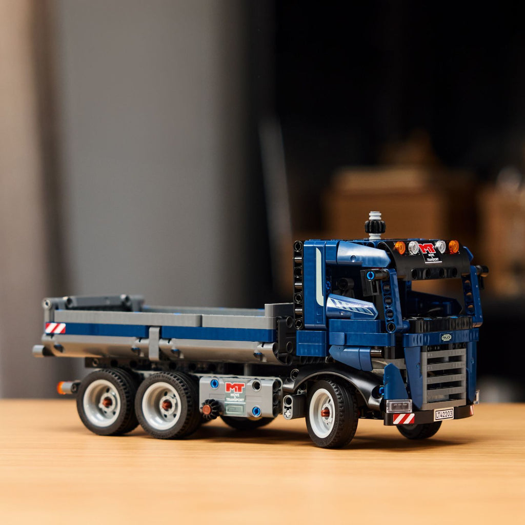 LEGO Technic Tipping Dump Truck 42203 blue construction vehicle with working tipping mechanism