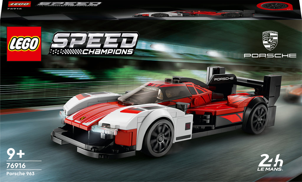 LEGO Speed Champions Porsche 963 model car set with 280 pieces and race driver minifigure