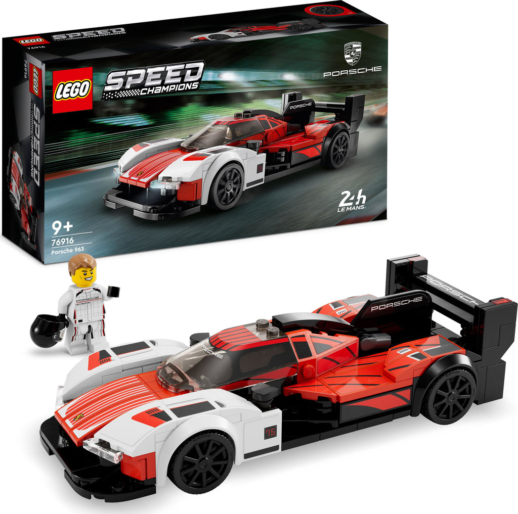 LEGO Speed Champions Porsche 963 model car set with 280 pieces and race driver minifigure