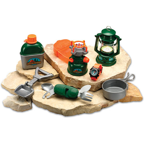 Pretend and Play Camp Set with battery-powered stove, lantern, compass watch and camping accessories