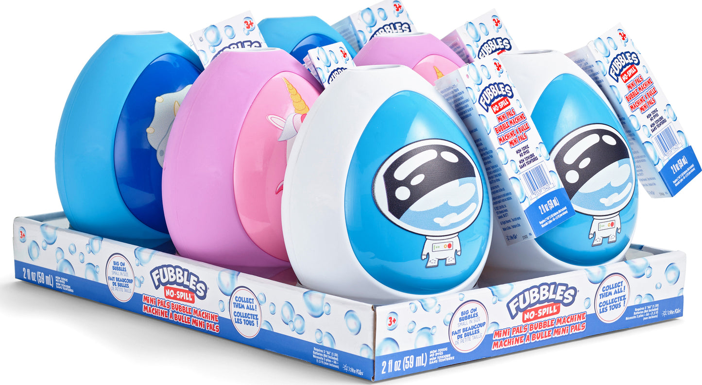 Fubbles No-Spill Mini Pals bubble machine in assorted colorful animal styles for mess-free bubble fun