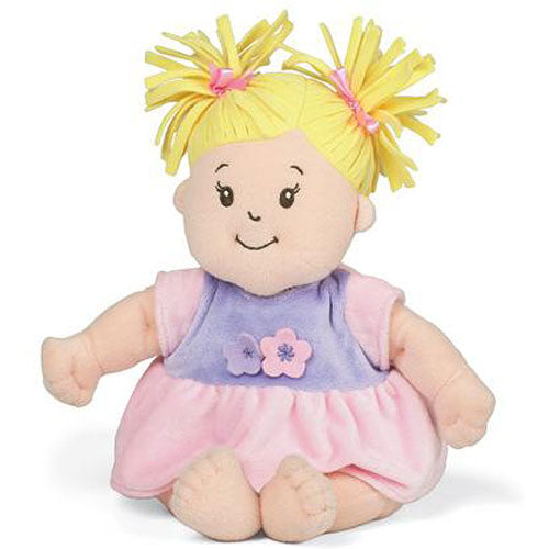 Baby Stella Doll Blonde with lifelike features, soft fleece hair, removable diaper, dress, and magnetic pacifier