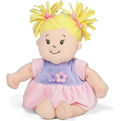 Baby Stella Doll Blonde with lifelike features, soft fleece hair, removable diaper, dress, and magnetic pacifier