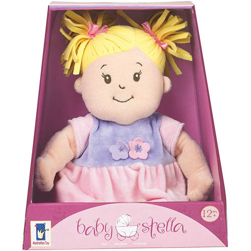 Baby Stella Doll Blonde with lifelike features, soft fleece hair, removable diaper, dress, and magnetic pacifier