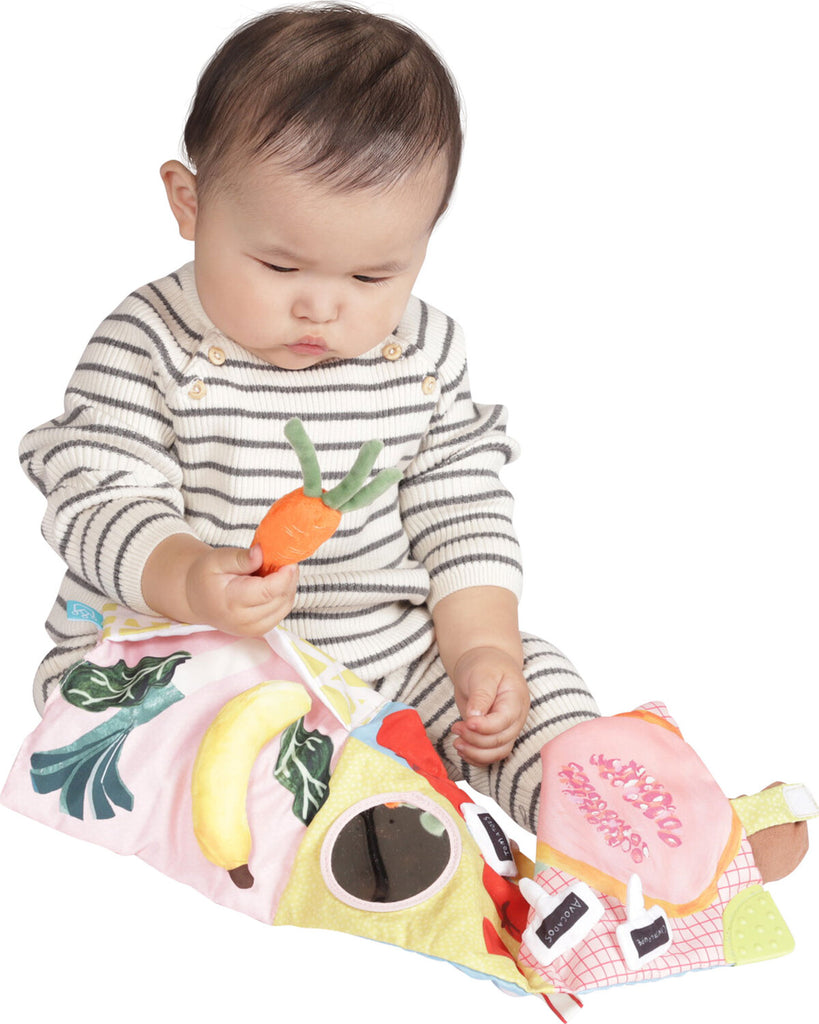 Manhattan Toy Mini-Apple Farm soft activity book with crinkle sounds, discovery mirror, and textured teether for babies and toddlers