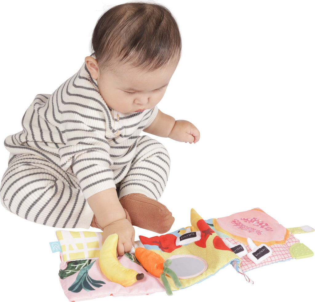 Manhattan Toy Mini-Apple Farm soft activity book with crinkle sounds, discovery mirror, and textured teether for babies and toddlers