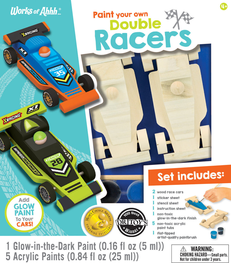 Double Racers Wood Paint Kit by MasterPieces with 2 wooden race cars, paints, brushes and stickers for ages 4+