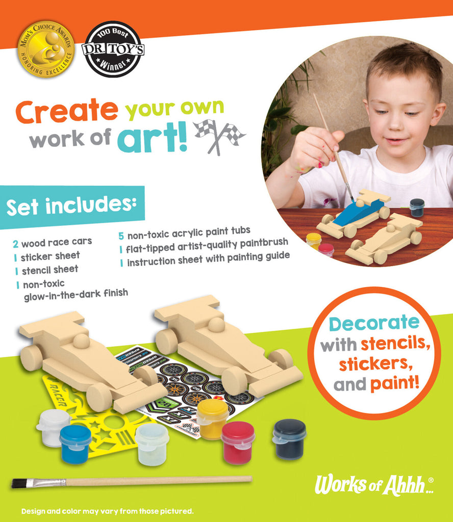 Double Racers Wood Paint Kit by MasterPieces with 2 wooden race cars, paints, brushes and stickers for ages 4+