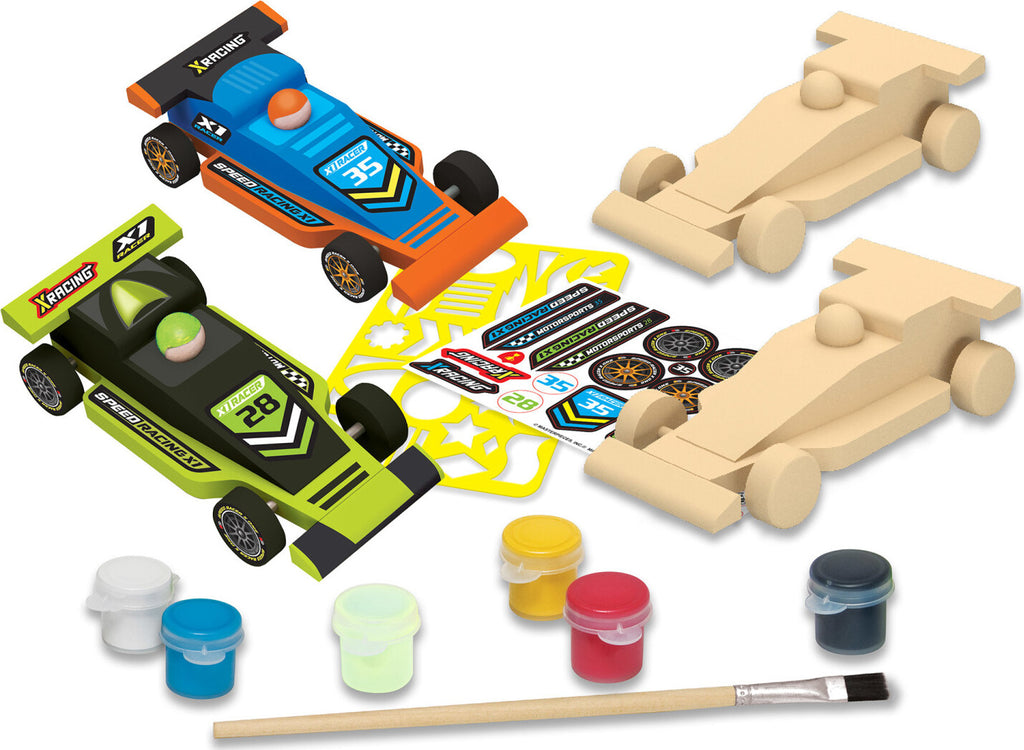 Double Racers Wood Paint Kit by MasterPieces with 2 wooden race cars, paints, brushes and stickers for ages 4+