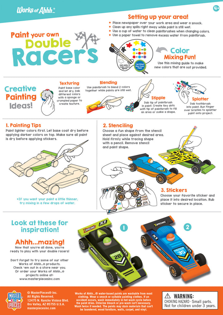 Double Racers Wood Paint Kit by MasterPieces with 2 wooden race cars, paints, brushes and stickers for ages 4+