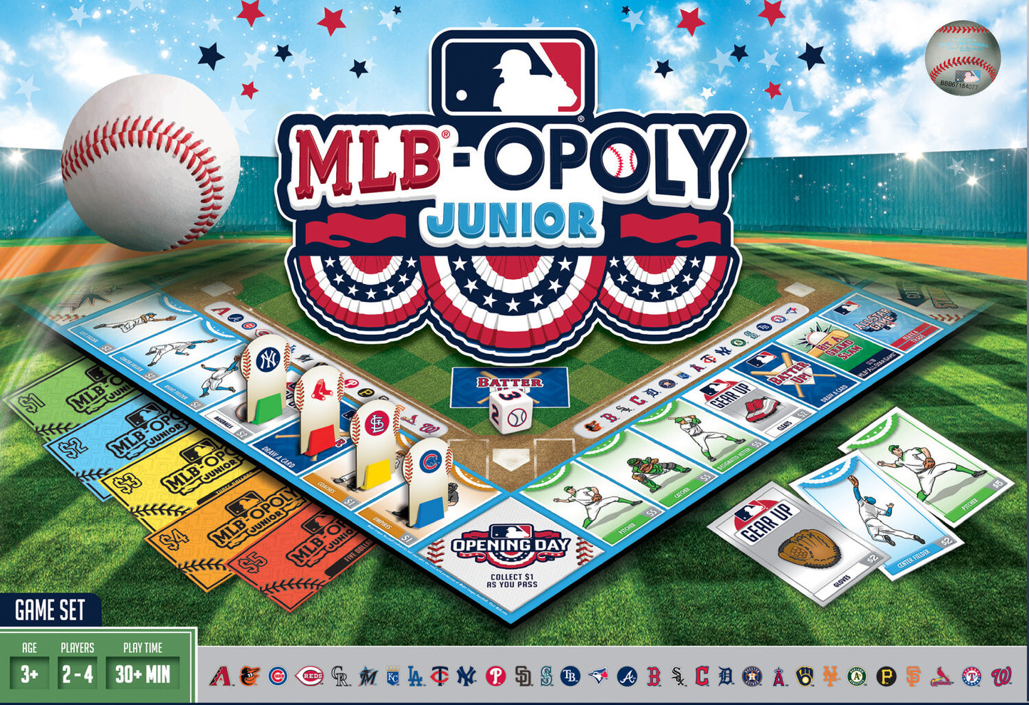 MLB Opoly Jr board game with baseball-themed monopoly gameplay featuring all 30 MLB team stickers and game pieces