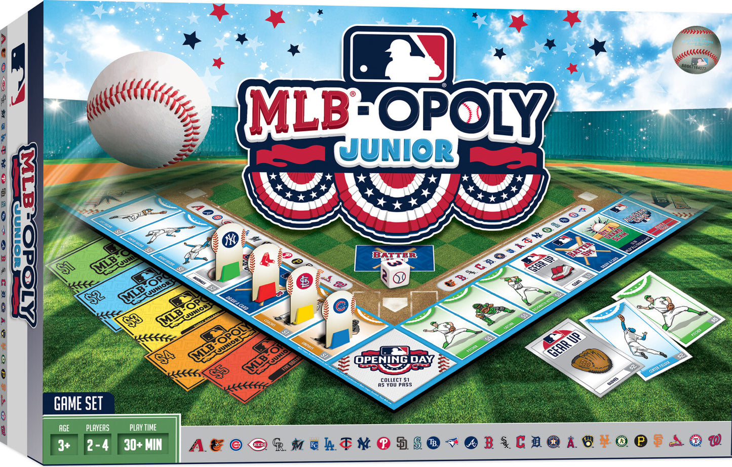 MLB Opoly Jr board game with baseball-themed monopoly gameplay featuring all 30 MLB team stickers and game pieces