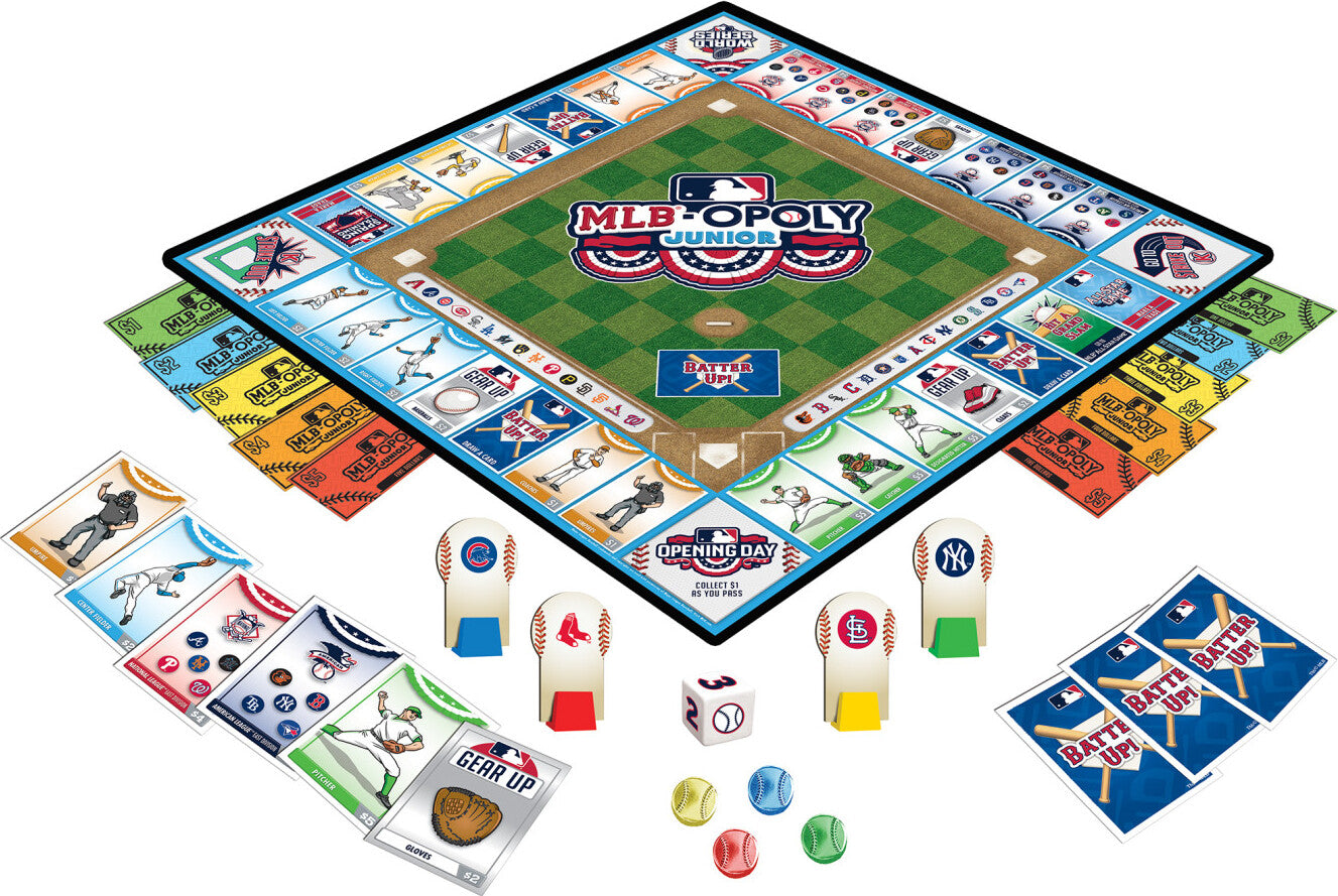 MLB Opoly Jr board game with baseball-themed monopoly gameplay featuring all 30 MLB team stickers and game pieces