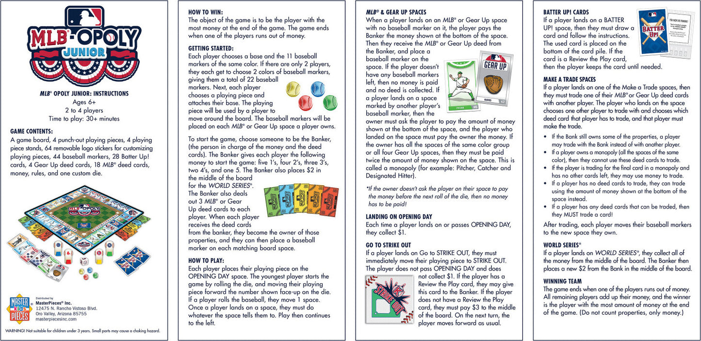 MLB Opoly Jr board game with baseball-themed monopoly gameplay featuring all 30 MLB team stickers and game pieces