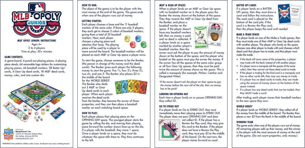 MLB Opoly Jr board game with baseball-themed monopoly gameplay featuring all 30 MLB team stickers and game pieces