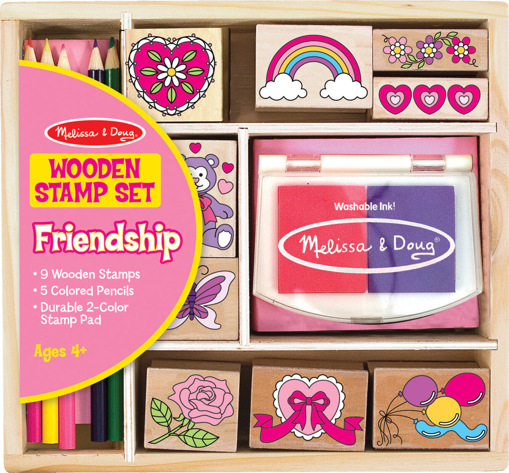 Melissa & Doug Friendship stamp set with wooden stamps, ink pads, and friendship-themed designs