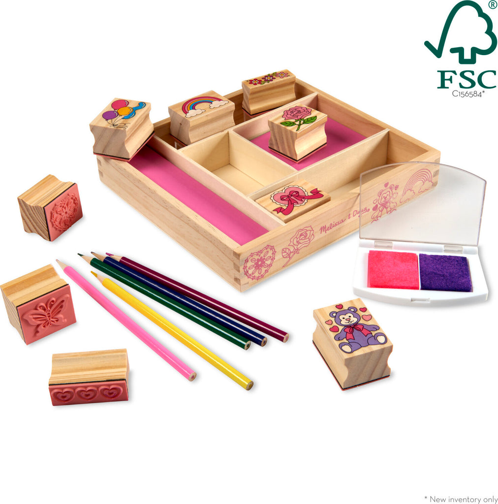 Melissa & Doug Friendship stamp set with wooden stamps, ink pads, and friendship-themed designs