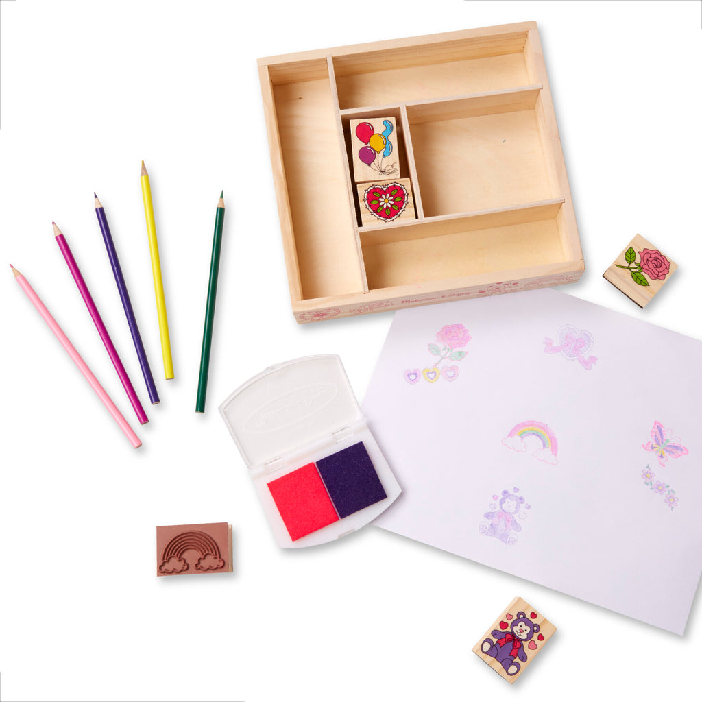 Melissa & Doug Friendship stamp set with wooden stamps, ink pads, and friendship-themed designs