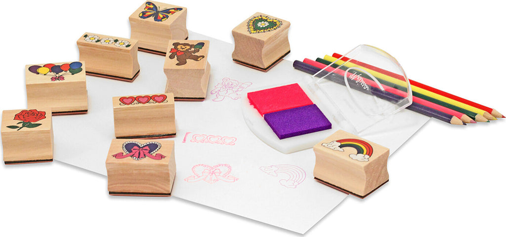 Melissa & Doug Friendship stamp set with wooden stamps, ink pads, and friendship-themed designs