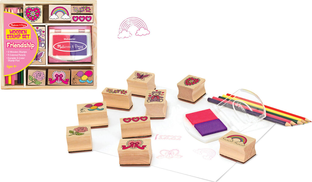 Melissa & Doug Friendship stamp set with wooden stamps, ink pads, and friendship-themed designs