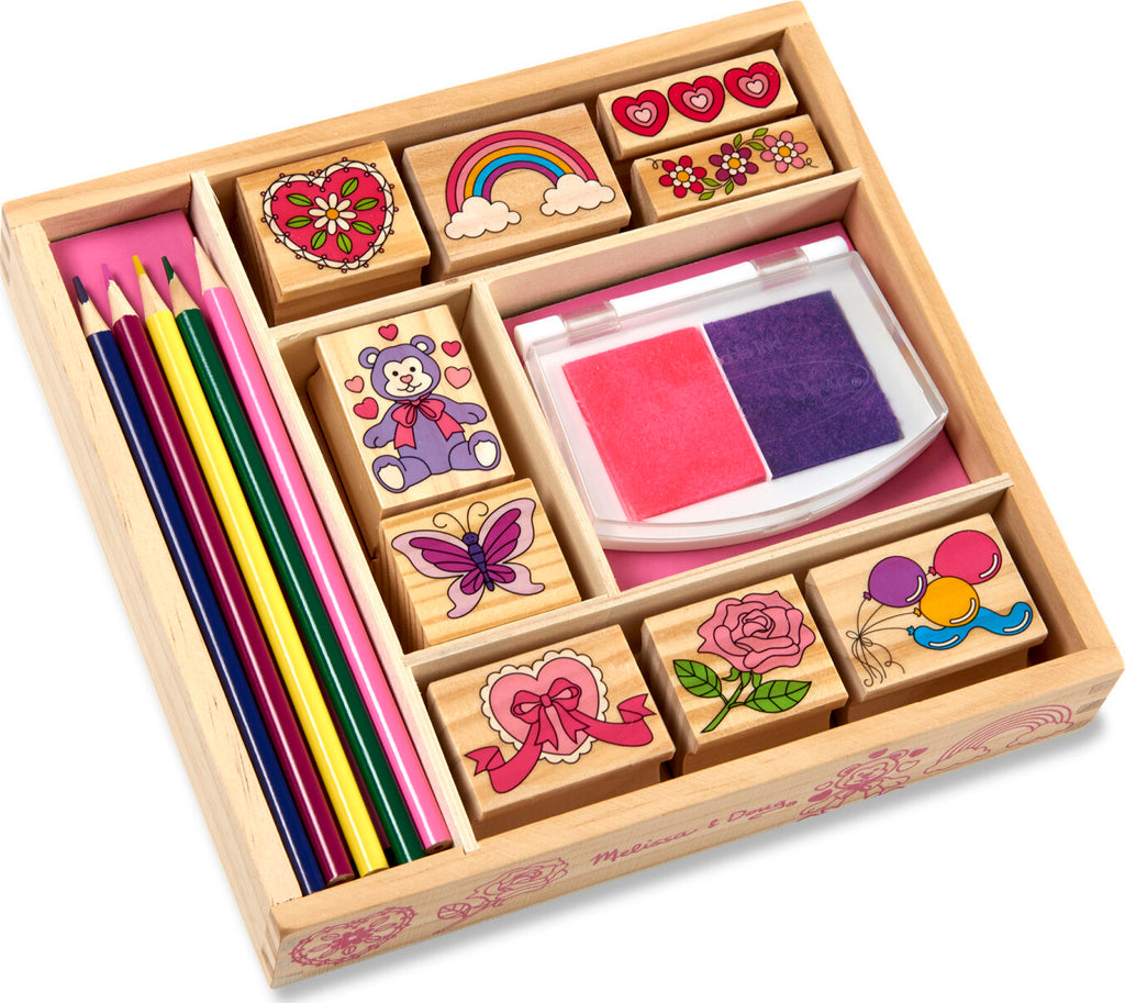 Melissa & Doug Friendship stamp set with wooden stamps, ink pads, and friendship-themed designs