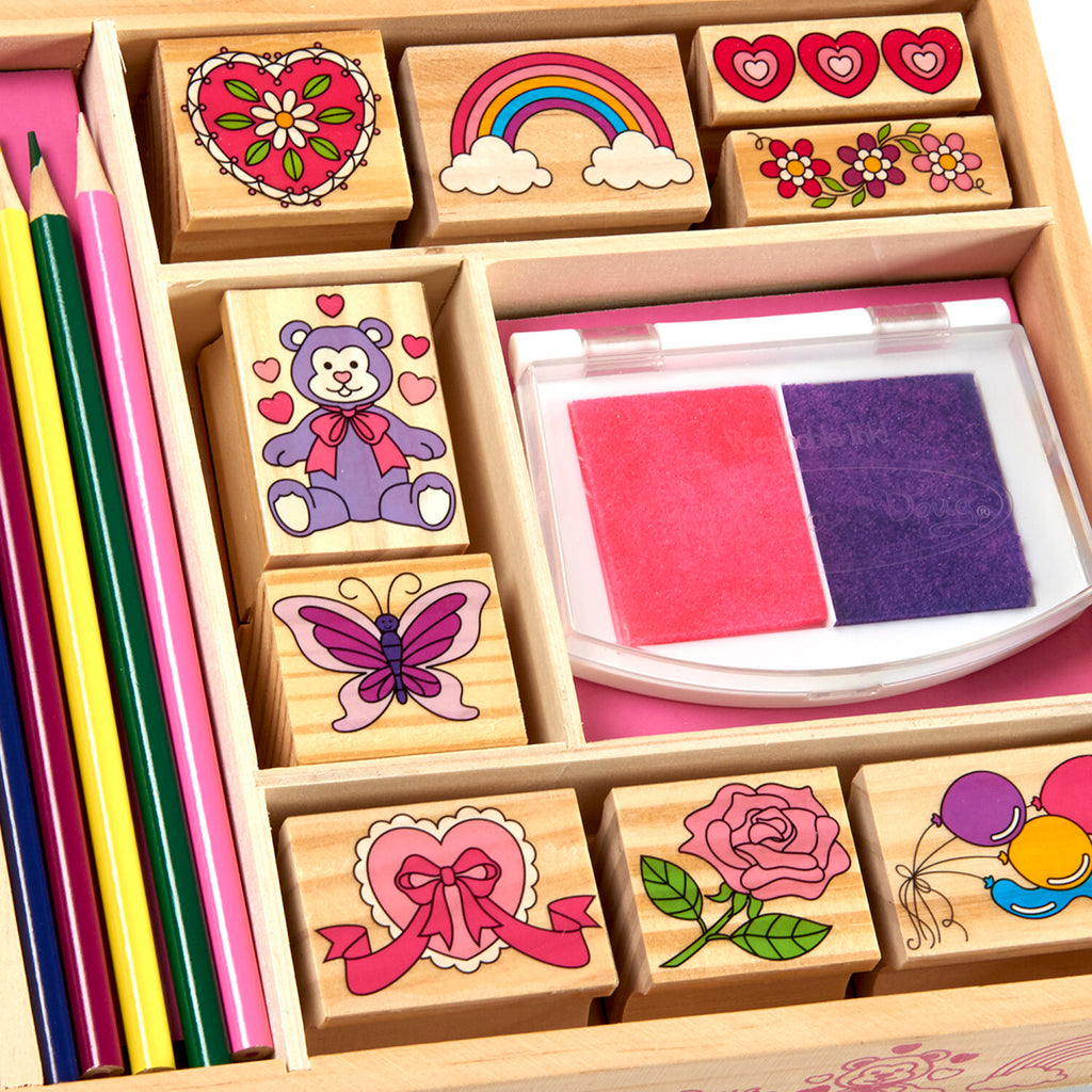 Melissa & Doug Friendship stamp set with wooden stamps, ink pads, and friendship-themed designs