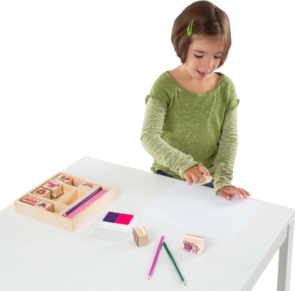 Melissa & Doug Friendship stamp set with wooden stamps, ink pads, and friendship-themed designs