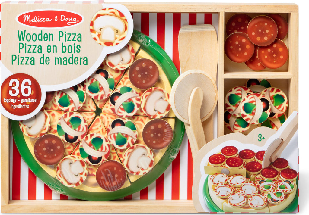 Pizza Party wooden play food set with 54 toppings, pizza cutter, and spatula for pretend play