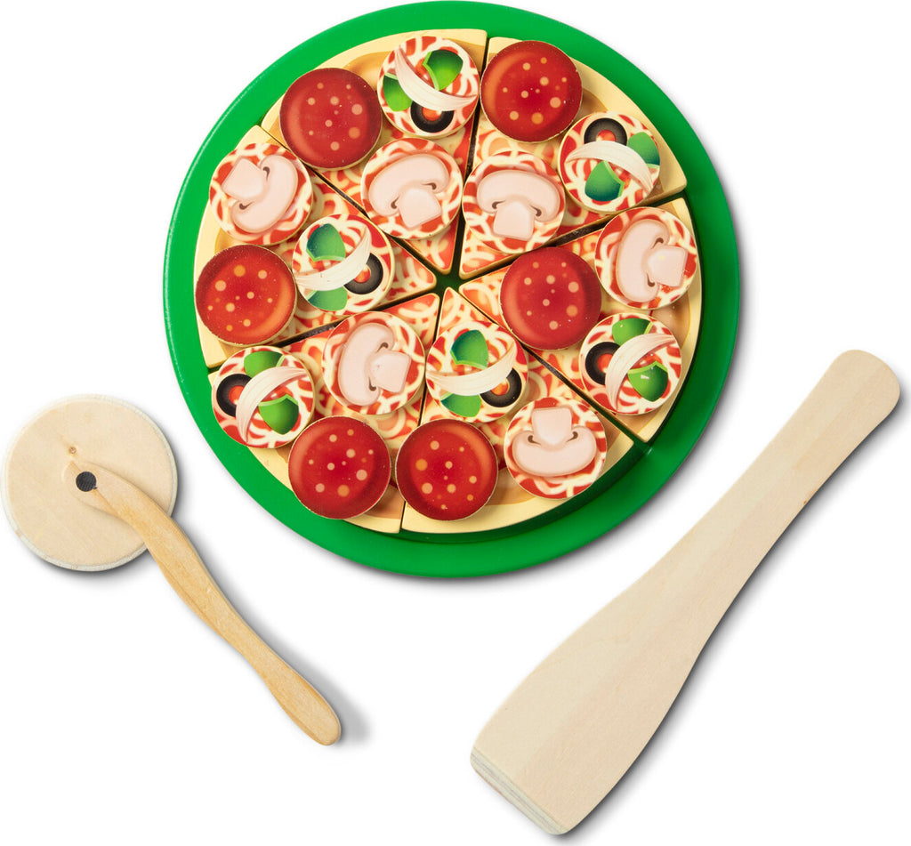 Pizza Party wooden play food set with 54 toppings, pizza cutter, and spatula for pretend play
