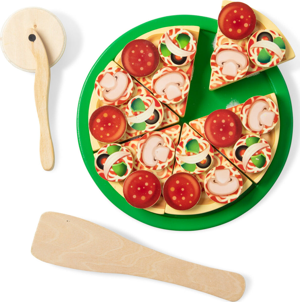 Pizza Party wooden play food set with 54 toppings, pizza cutter, and spatula for pretend play