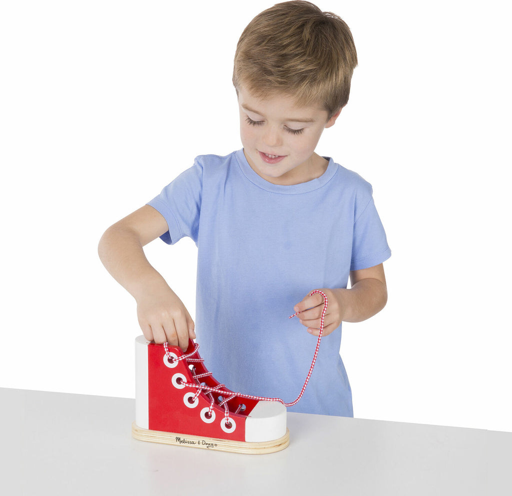 Wooden Lacing Shoe toy for teaching kids shoe tying and fine motor development