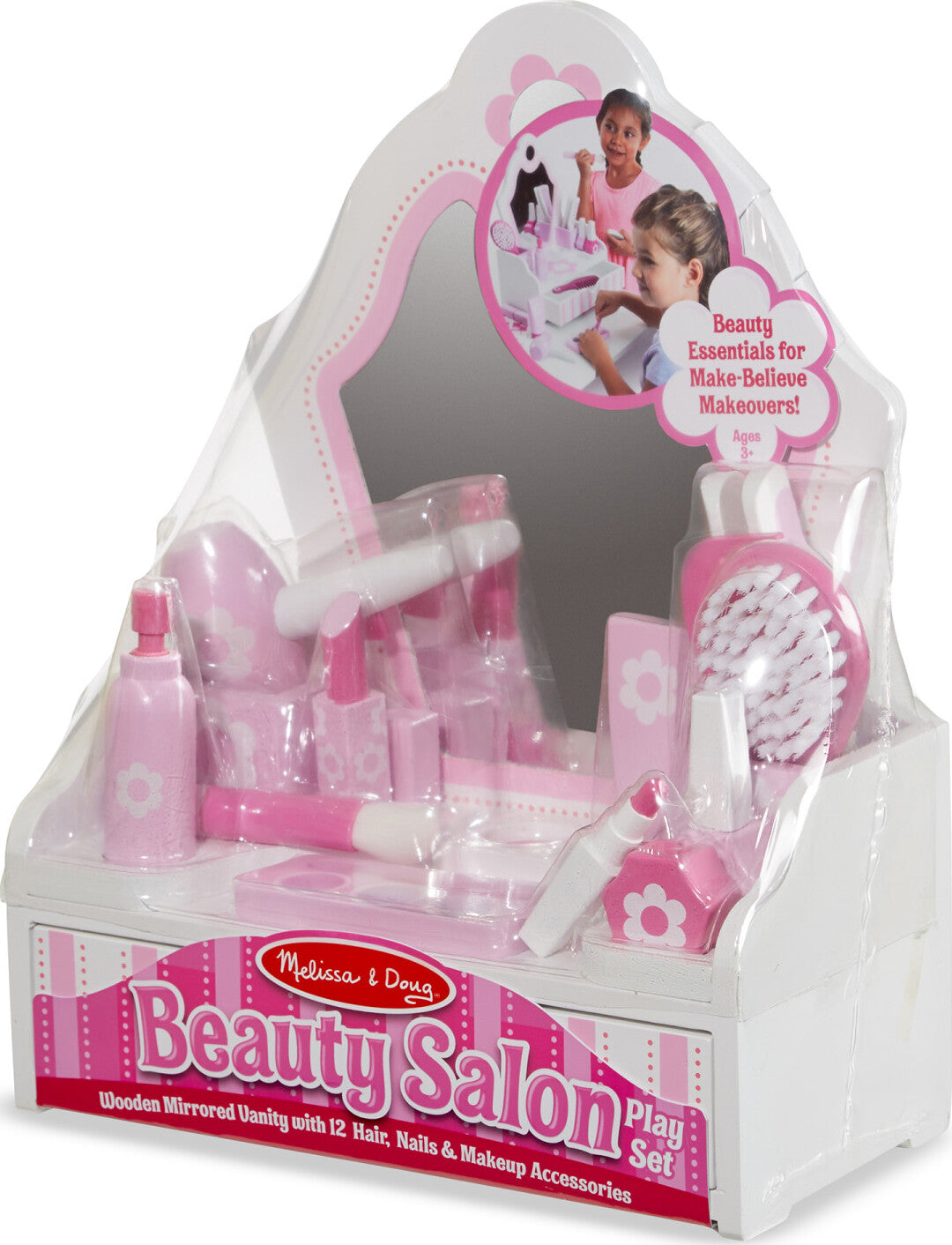 Beauty Salon Play Set with 18 wooden pieces including vanity, mirror, hair dryer, makeup and beauty accessories