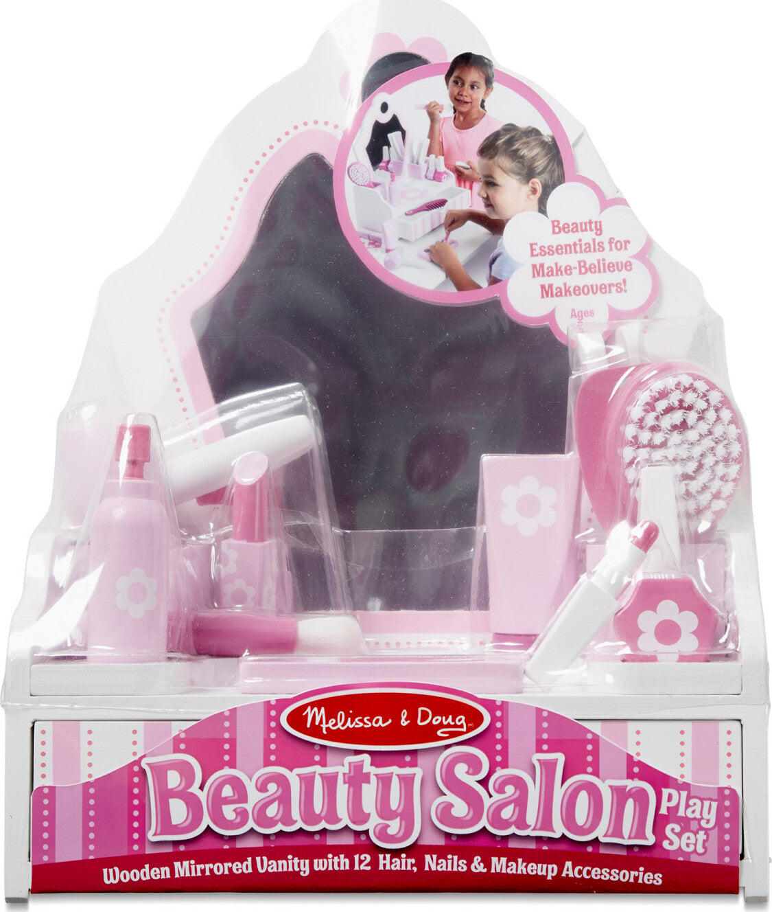 Beauty Salon Play Set with 18 wooden pieces including vanity, mirror, hair dryer, makeup and beauty accessories