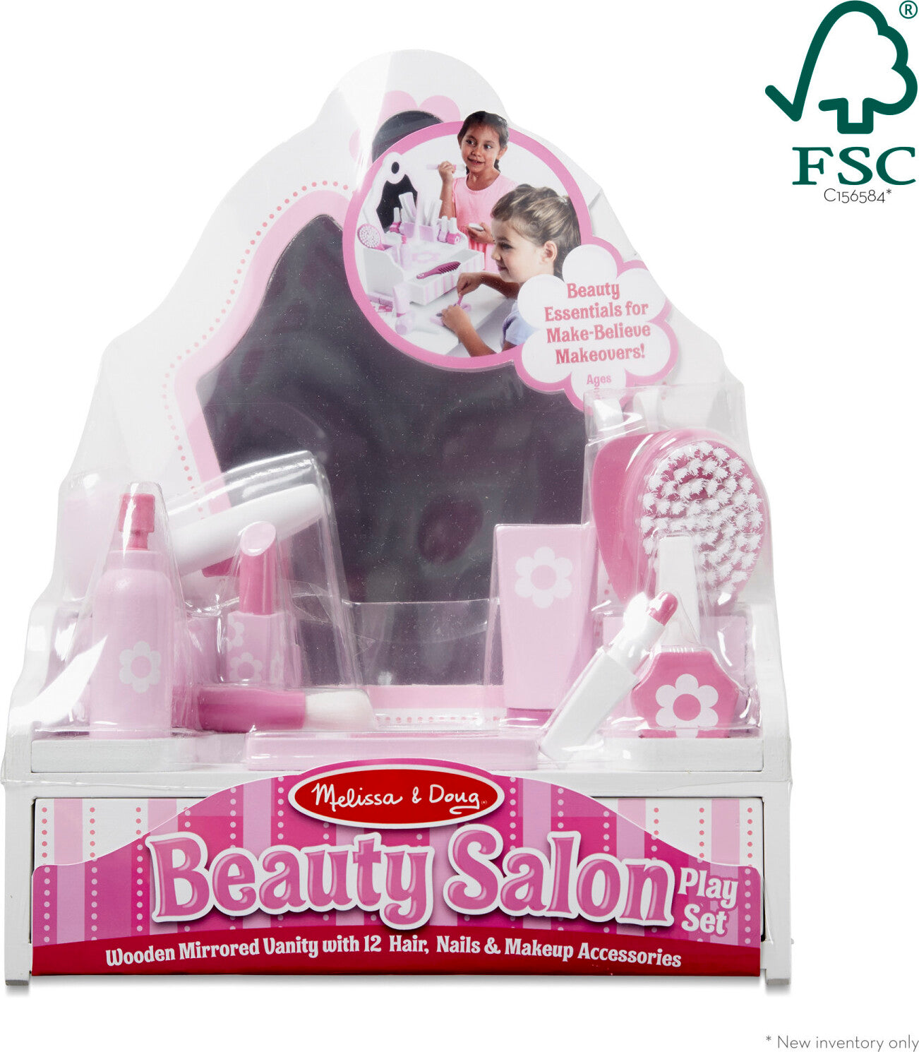 Beauty Salon Play Set with 18 wooden pieces including vanity, mirror, hair dryer, makeup and beauty accessories