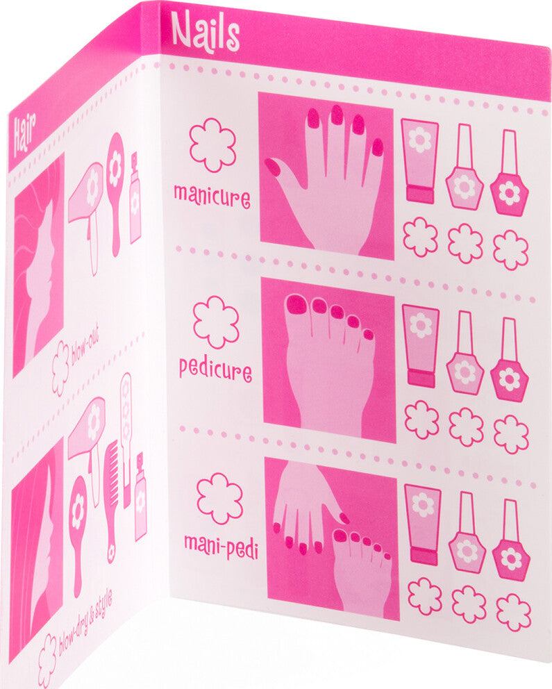Beauty Salon Play Set with 18 wooden pieces including vanity, mirror, hair dryer, makeup and beauty accessories