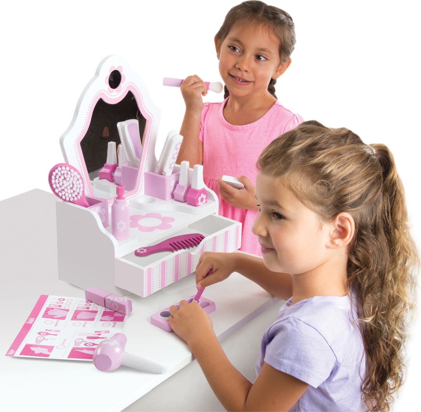 Beauty Salon Play Set with 18 wooden pieces including vanity, mirror, hair dryer, makeup and beauty accessories