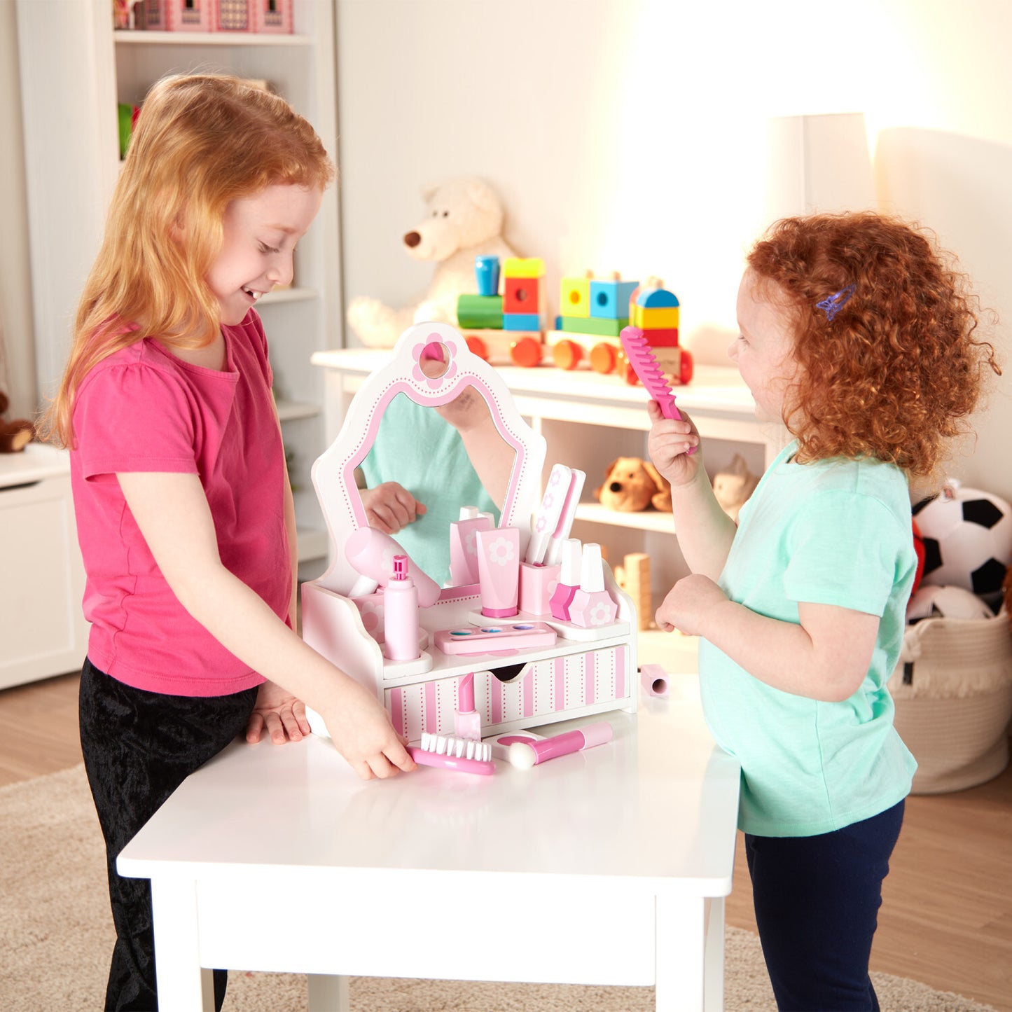 Beauty Salon Play Set with 18 wooden pieces including vanity, mirror, hair dryer, makeup and beauty accessories