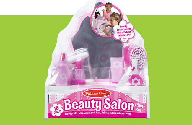 Beauty Salon Play Set with 18 wooden pieces including vanity, mirror, hair dryer, makeup and beauty accessories