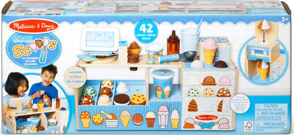 Cool Scoops Ice Creamery pretend play set with wooden counter, ice cream dispenser, scoops, cones, and accessories for children