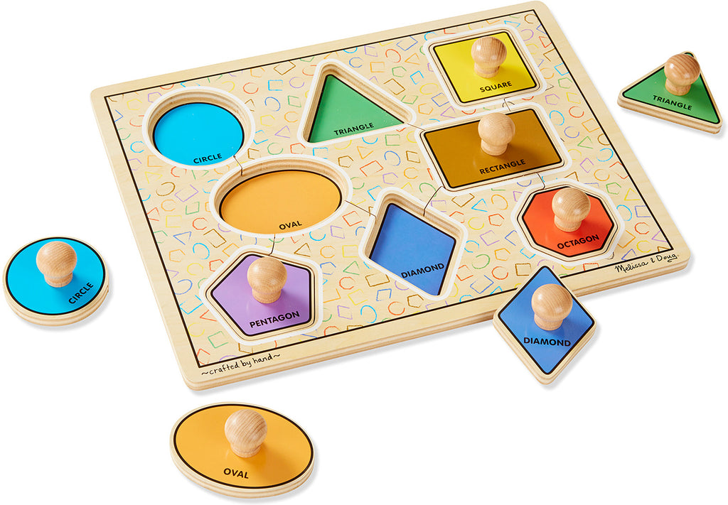 Deluxe Jumbo Knob Wooden Puzzle with 8 colorful geometric shapes for toddler learning