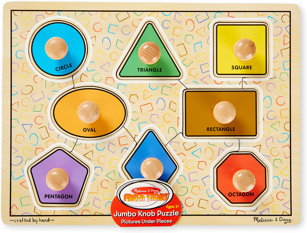 Deluxe Jumbo Knob Wooden Puzzle with 8 colorful geometric shapes for toddler learning