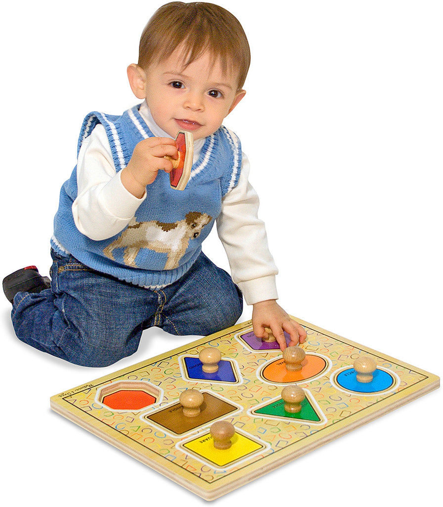 Deluxe Jumbo Knob Wooden Puzzle with 8 colorful geometric shapes for toddler learning